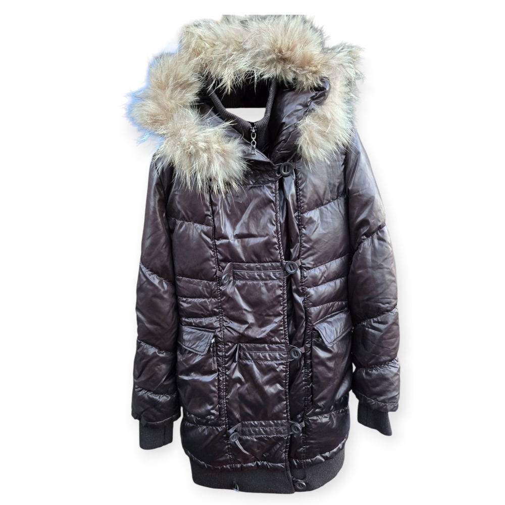 Rudsak, Puffer, Parka Coat Downfilled with Racoon Fur Hood 3/4 Length.